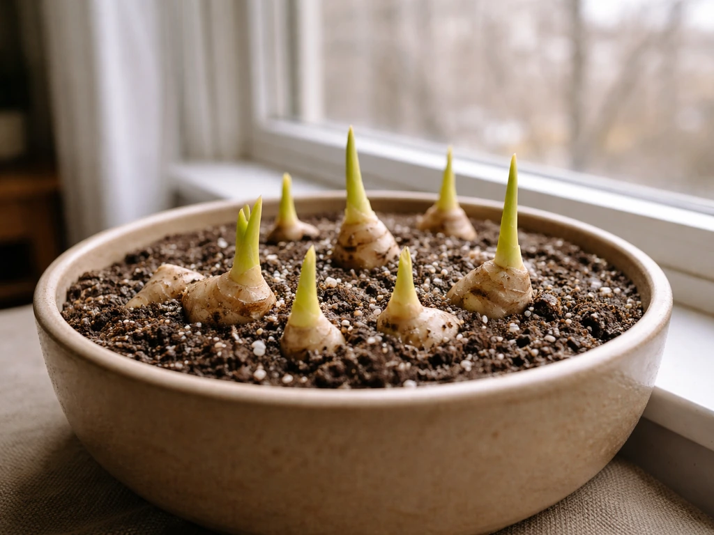Warm indoor sprouting ginger in a wide shallow pot under bright light in a cozy winter setting.