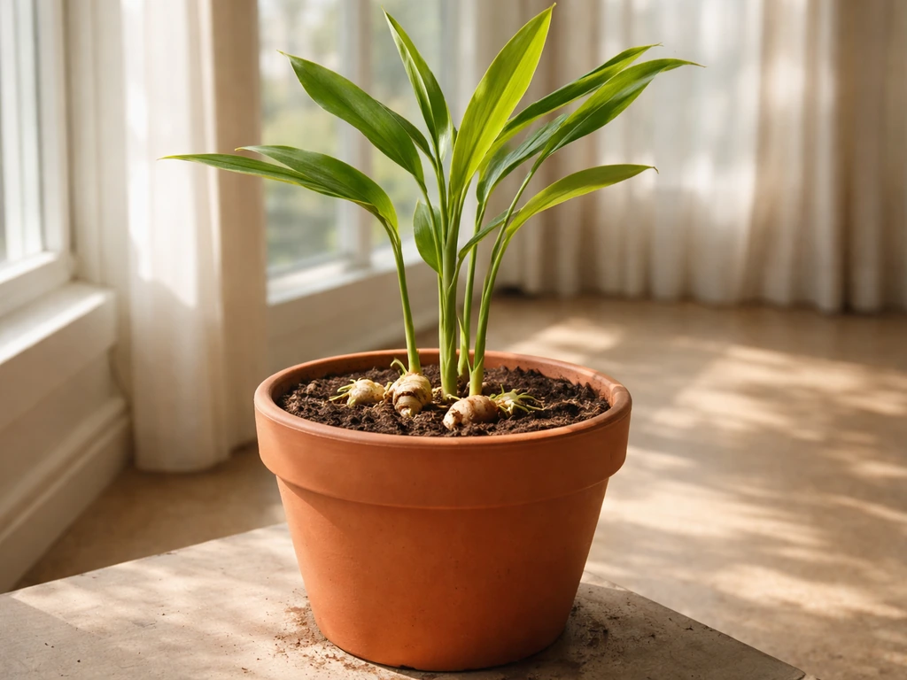 Healthy ginger plant in a terracotta pot in a bright indoor sunroom by a window.