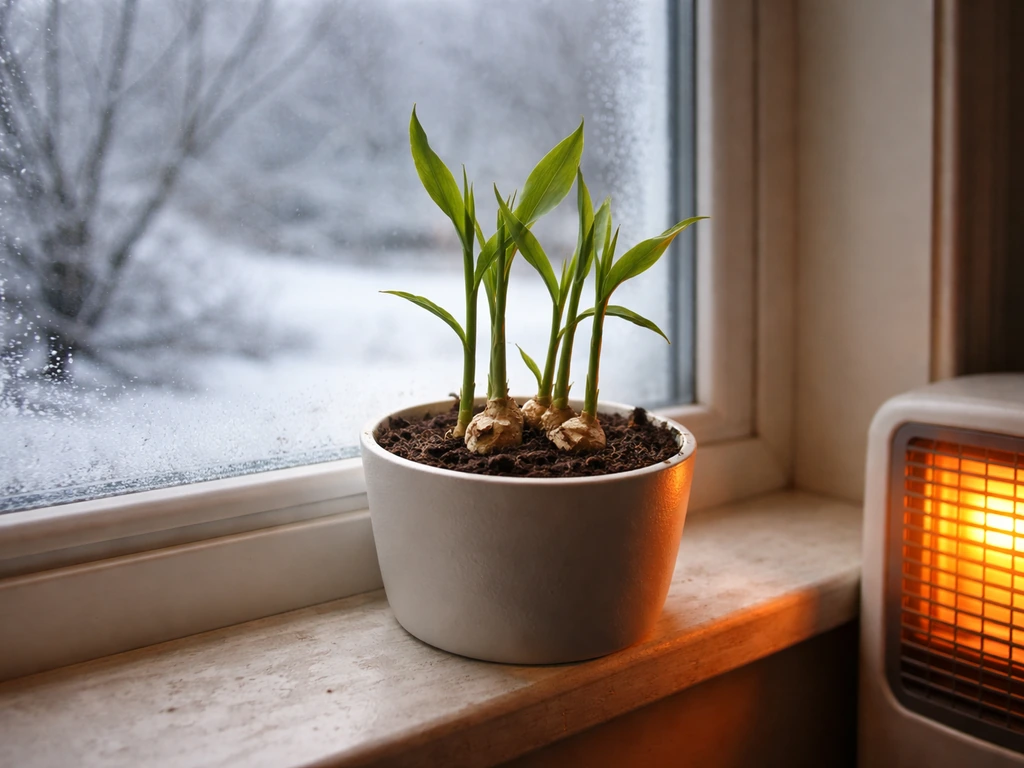 Utah winter ice outside a window while a warm indoor container garden grows ginger in soil.
