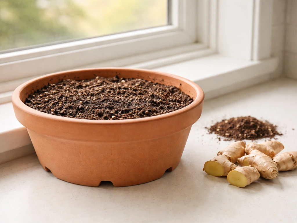 Wide shallow pot filled with loose potting mix on a windowsill, with ginger rhizome pieces nearby.