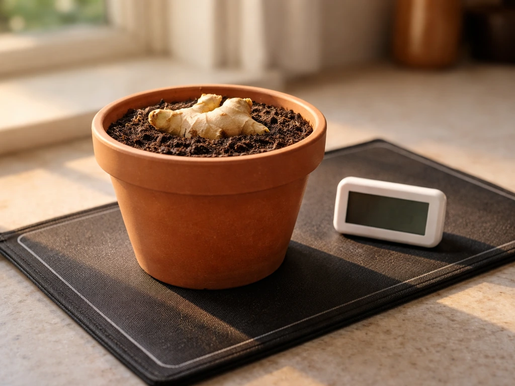 Ginger in a small pot resting on a seed-starting heat mat beside a digital thermometer.