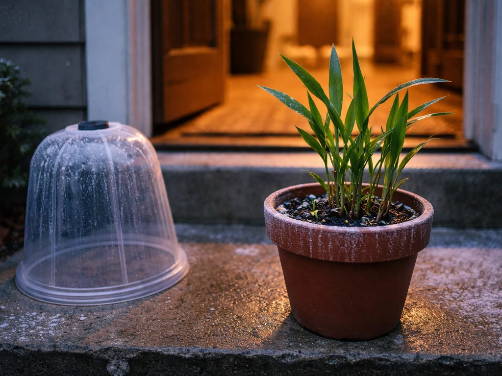 Potted ginger on a frosty porch step near an open door, showing it being protected then moved indoors.