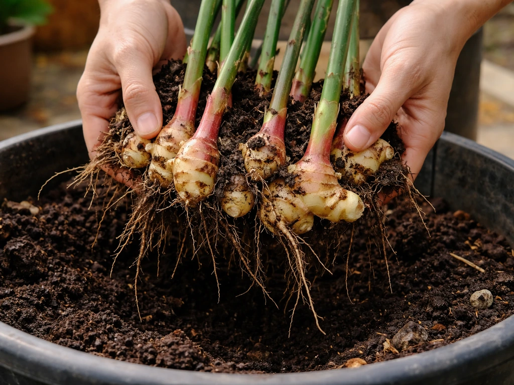 Freshly dug green/baby ginger rhizomes with shoots, pulled from a soil-filled container in Utah fall.