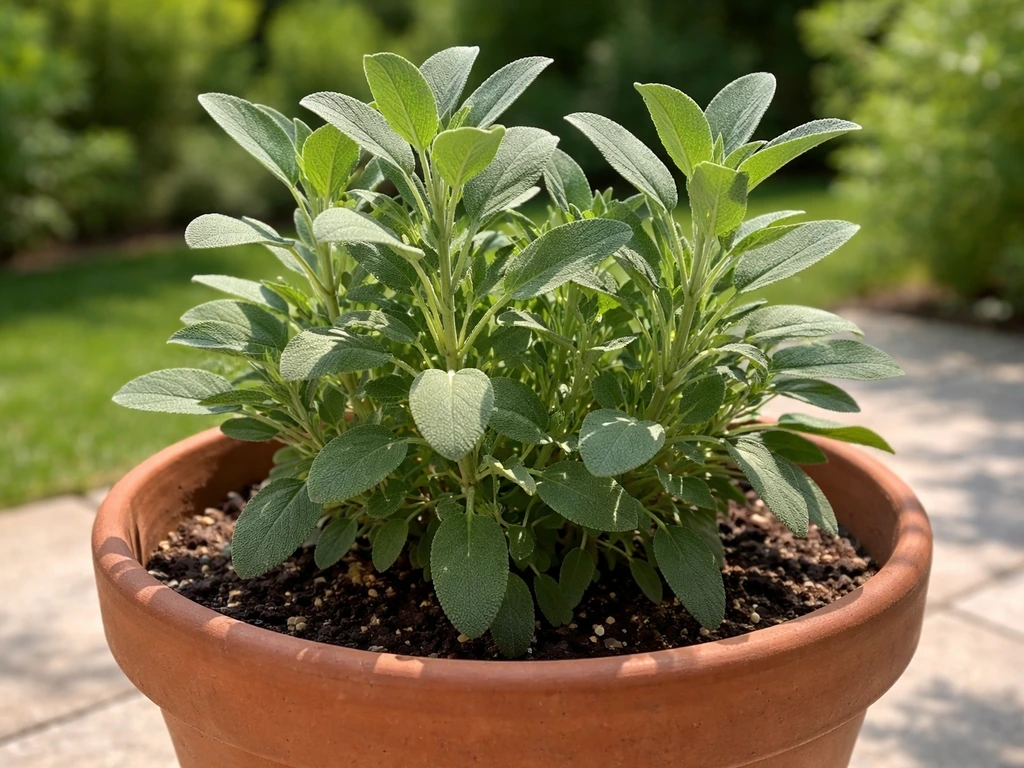 Thriving gray-green sage plant in a sunny patio container with upright stems and velvety leaves