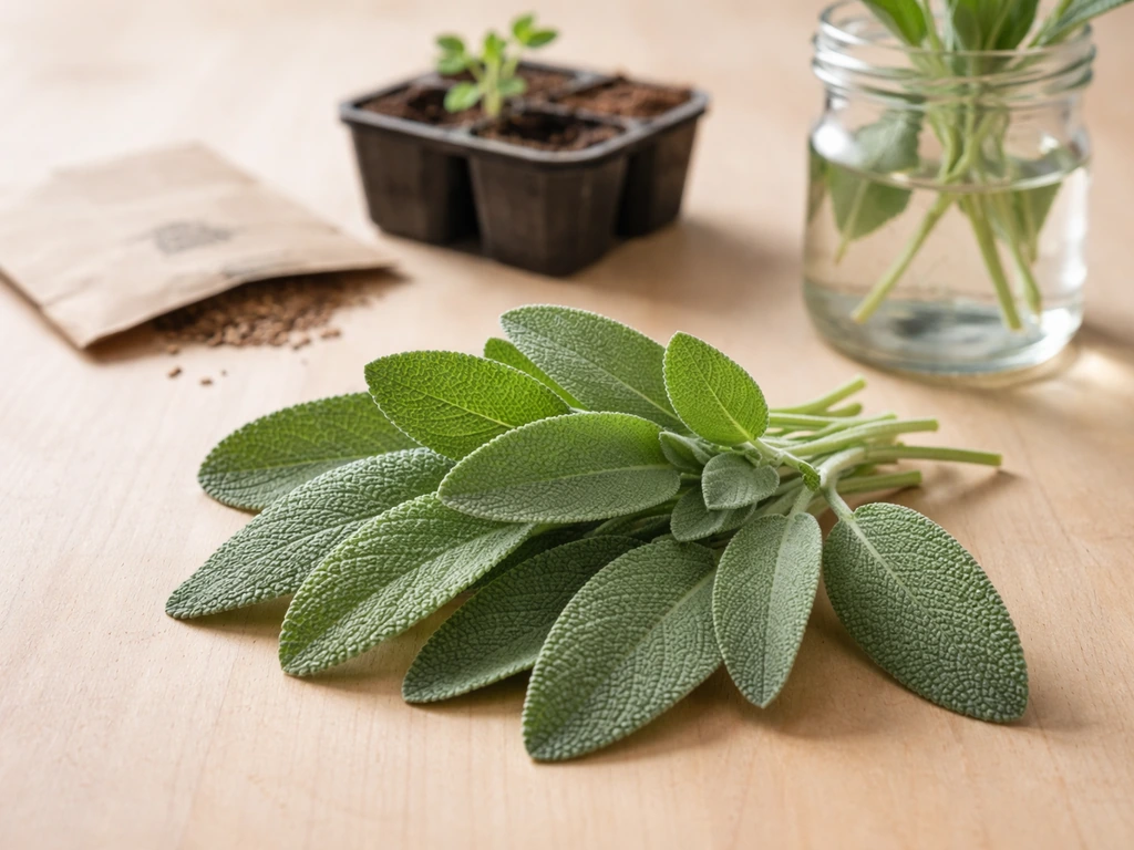 Close-up of common culinary sage leaves with small starter items representing seeds, transplants, and cuttings