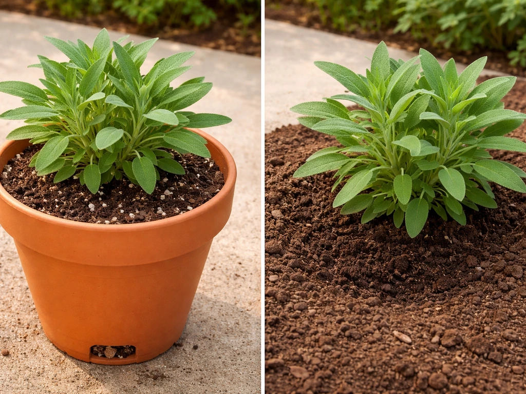 Two sage plants side-by-side: one in a draining potting mix container, one planted in-ground soil.