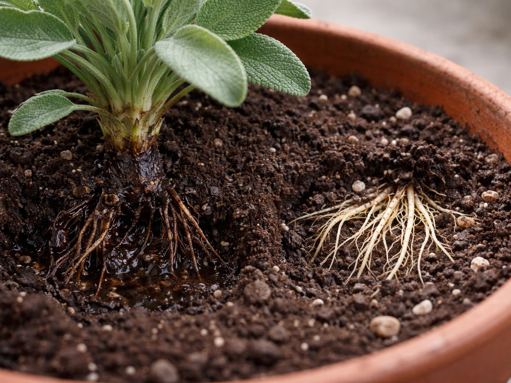 Close-up of a sage plant base showing crown rot versus nearby healthy roots in potting mix.