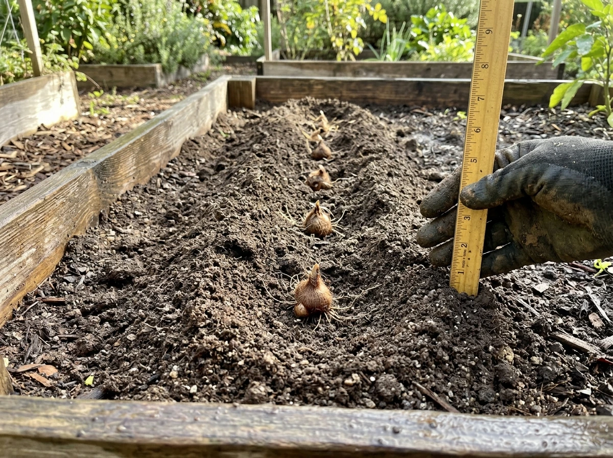 Saffron corms planted in a sandy raised bed on Colorado-style sunny slope