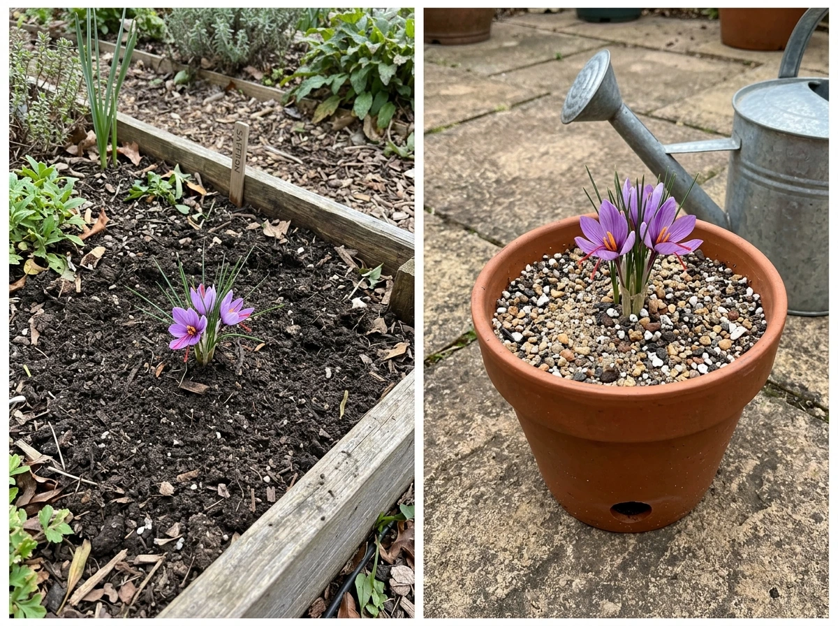 In-ground vs container saffron setup showing drainage differences