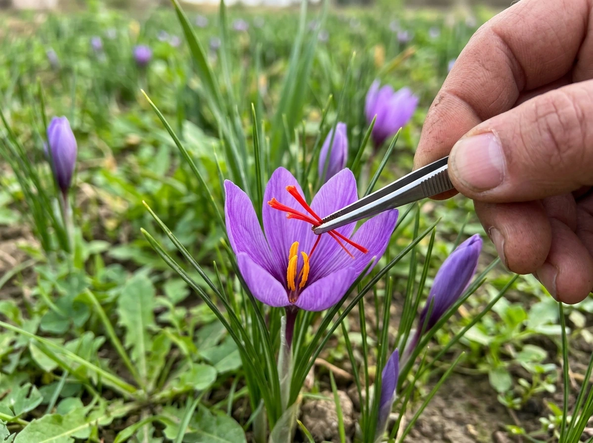 Fresh saffron flowers with red stigmas being picked from blooms