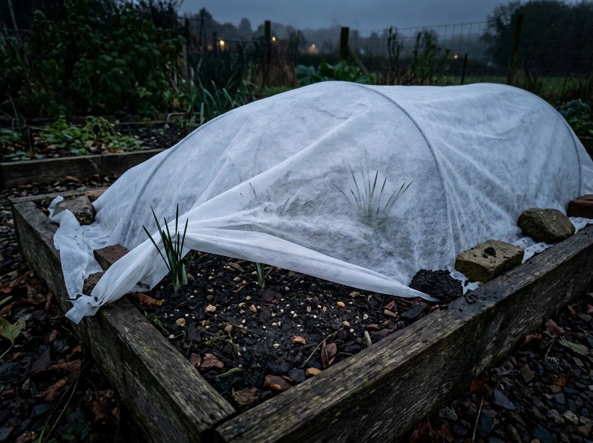 No blooms troubleshooting: frost cloth draped over emerging saffron leaves