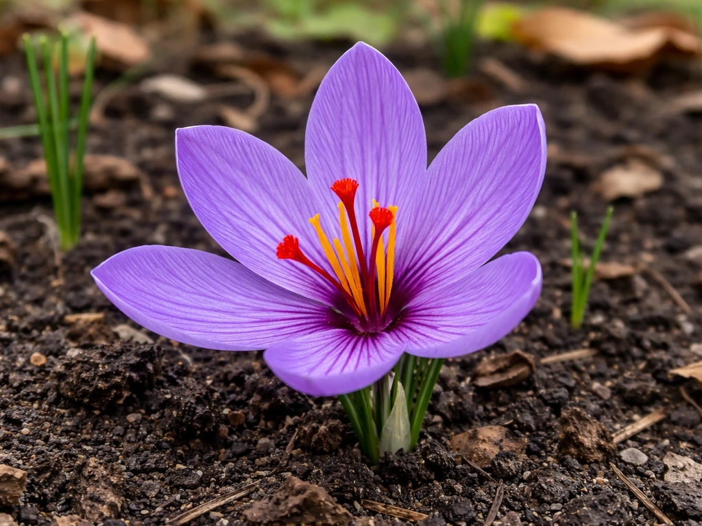 Close-up of a purple saffron crocus bloom in a Georgia garden bed with red stigmas in focus.