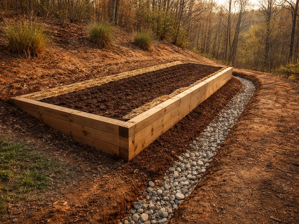 Raised garden bed on a sloped, well-drained hillside with a visible drainage channel for in-ground planting.