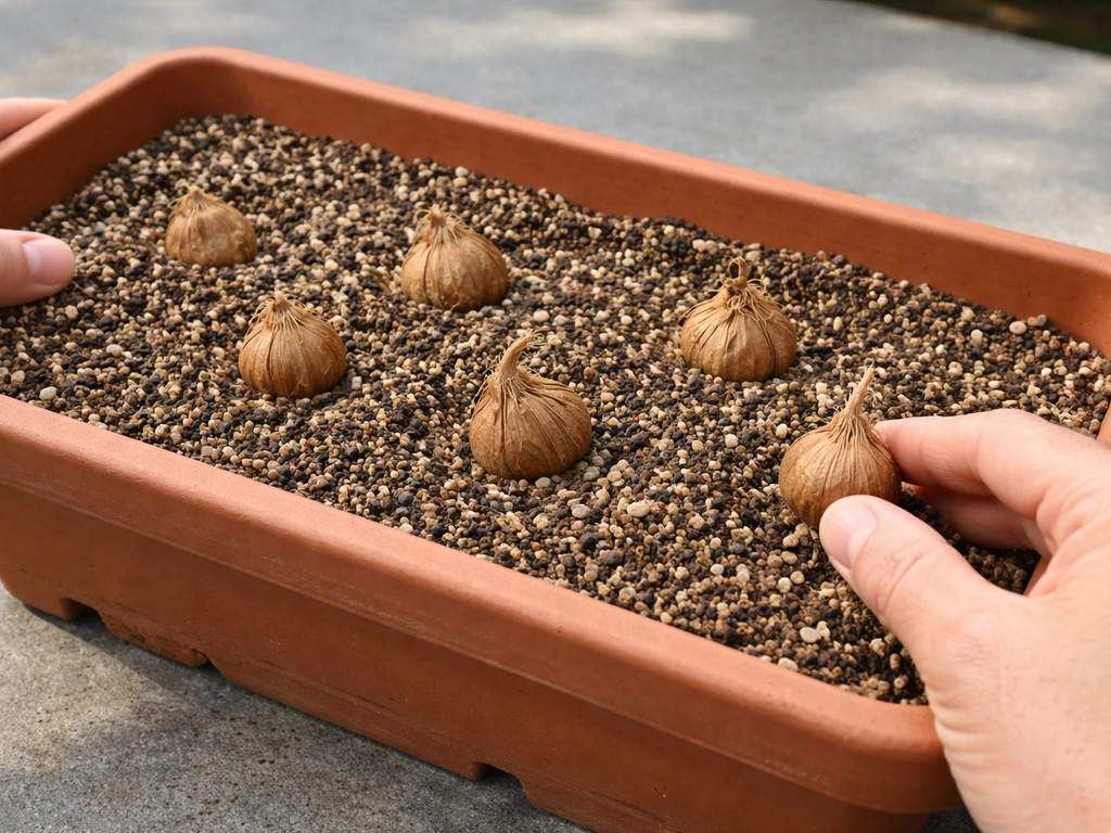 Saffron corms in a gritty, fast-draining pot with drainage holes, photographed on a simple outdoor surface.