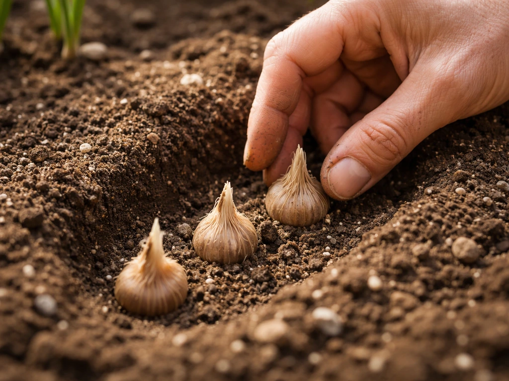 Hand placing saffron corms into amended, well-draining soil in a garden bed