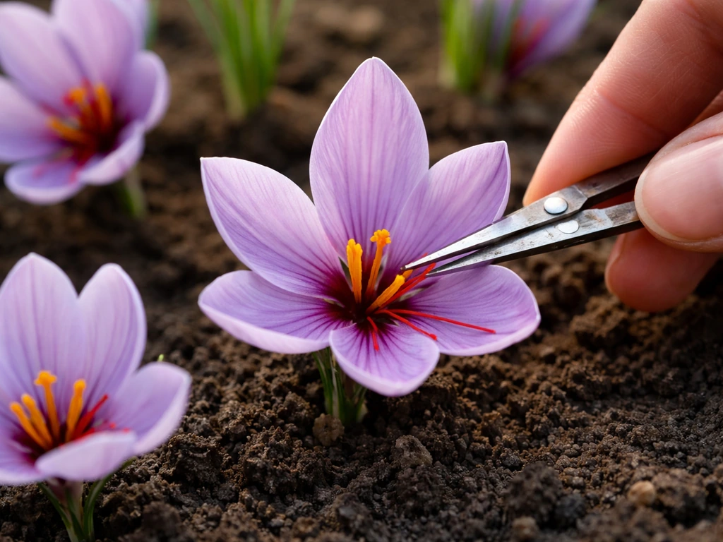 Close-up of saffron crocus flowers with red stigmas being pinched from the center.