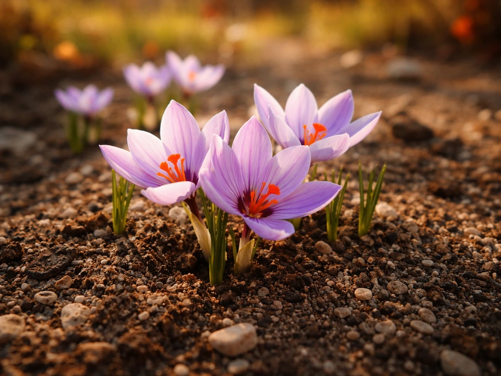 Close-up of autumn saffron crocus blooming in a sunny Illinois garden bed with visible red stigmas.