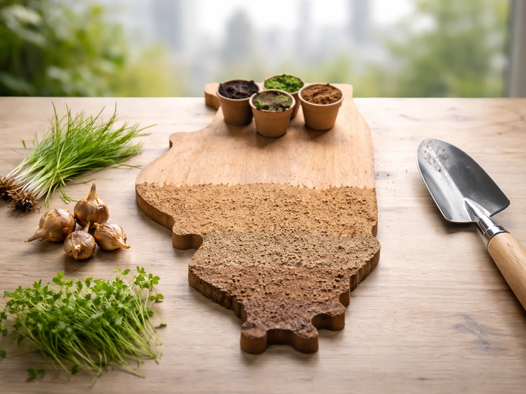Minimal tabletop gardening scene with an Illinois-shaped board and soil samples suggesting climate zones for saffron.