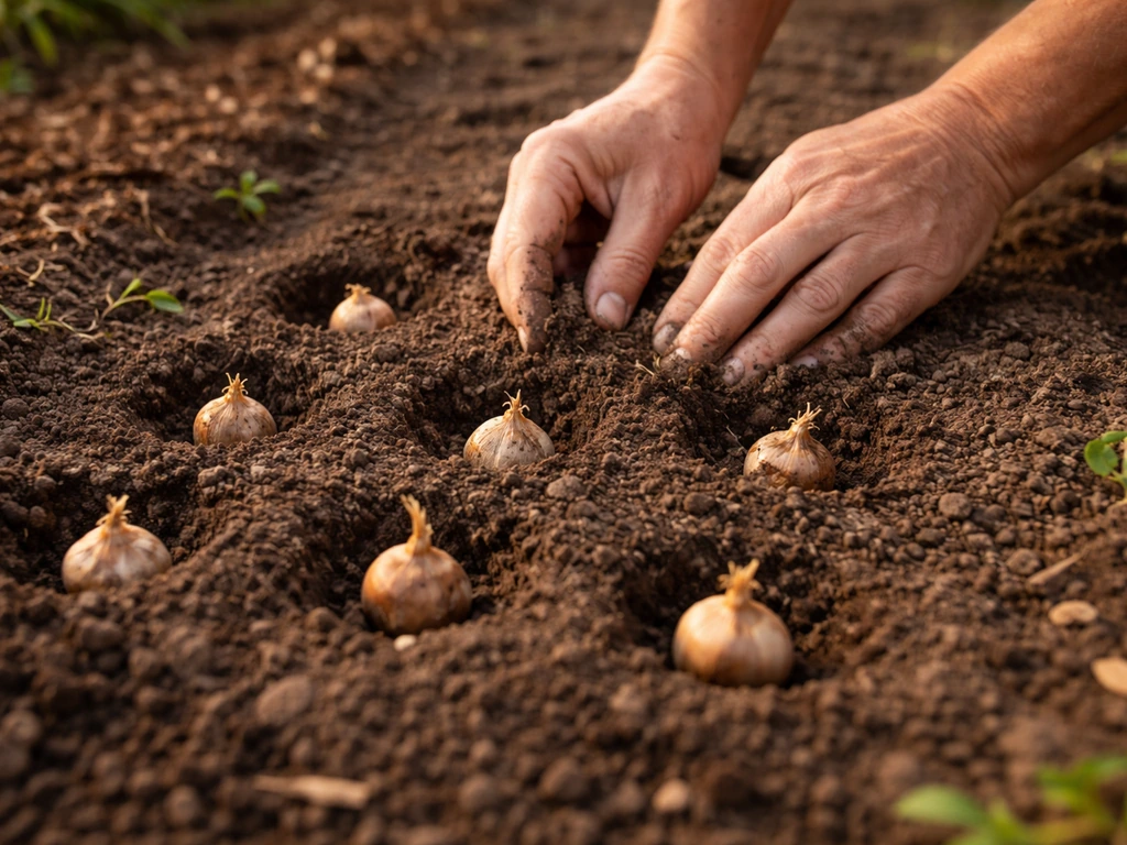 Hands placing saffron crocus corms into garden soil with spaced holes in late-summer light.
