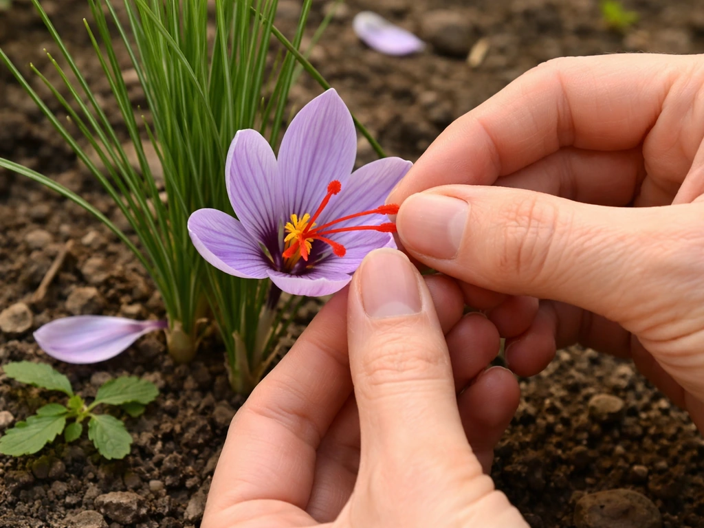 Hands plucking the three red stigmas from an open saffron crocus flower in October.