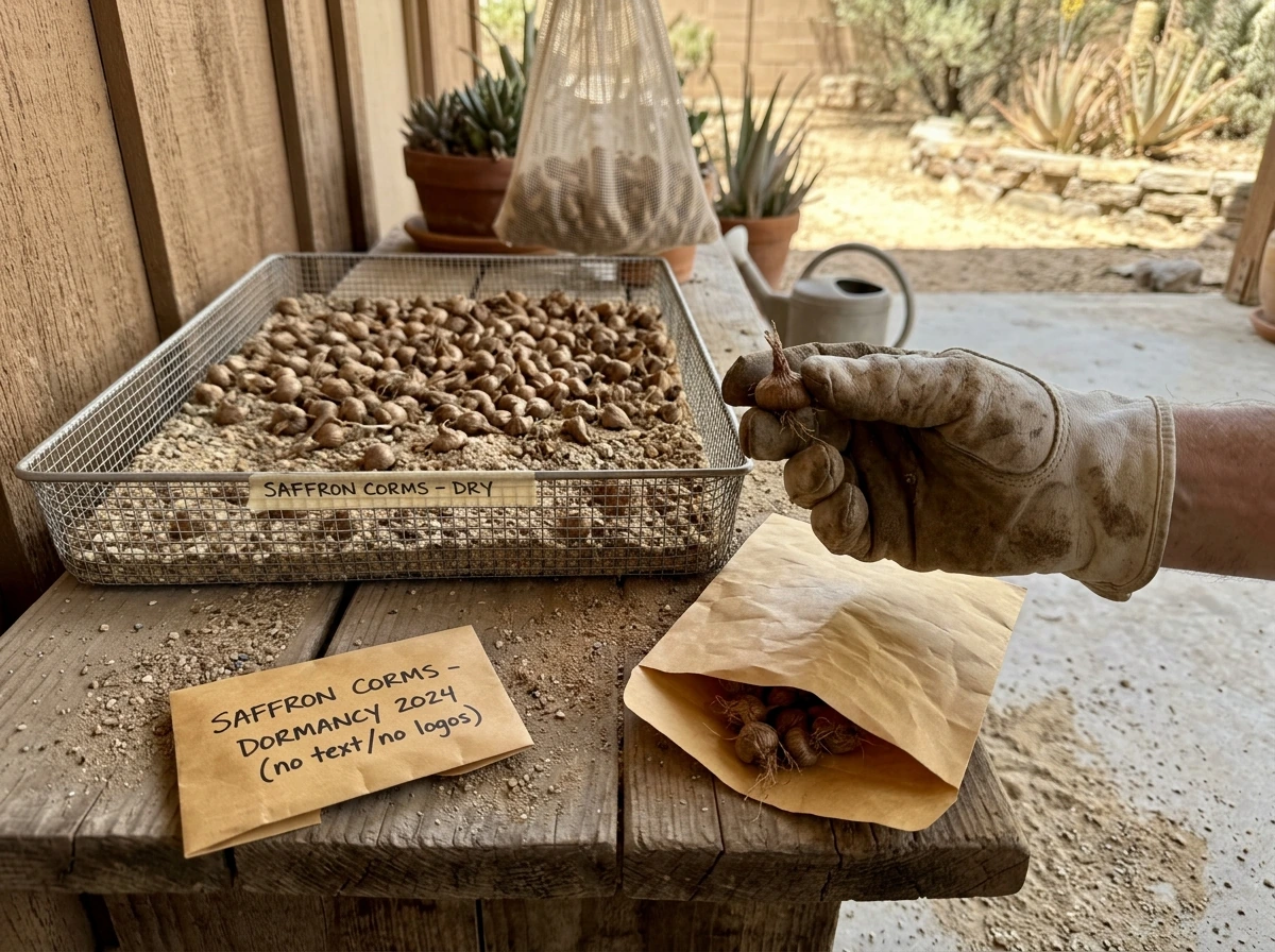 Dry summer dormancy corms kept dry in a ventilated container