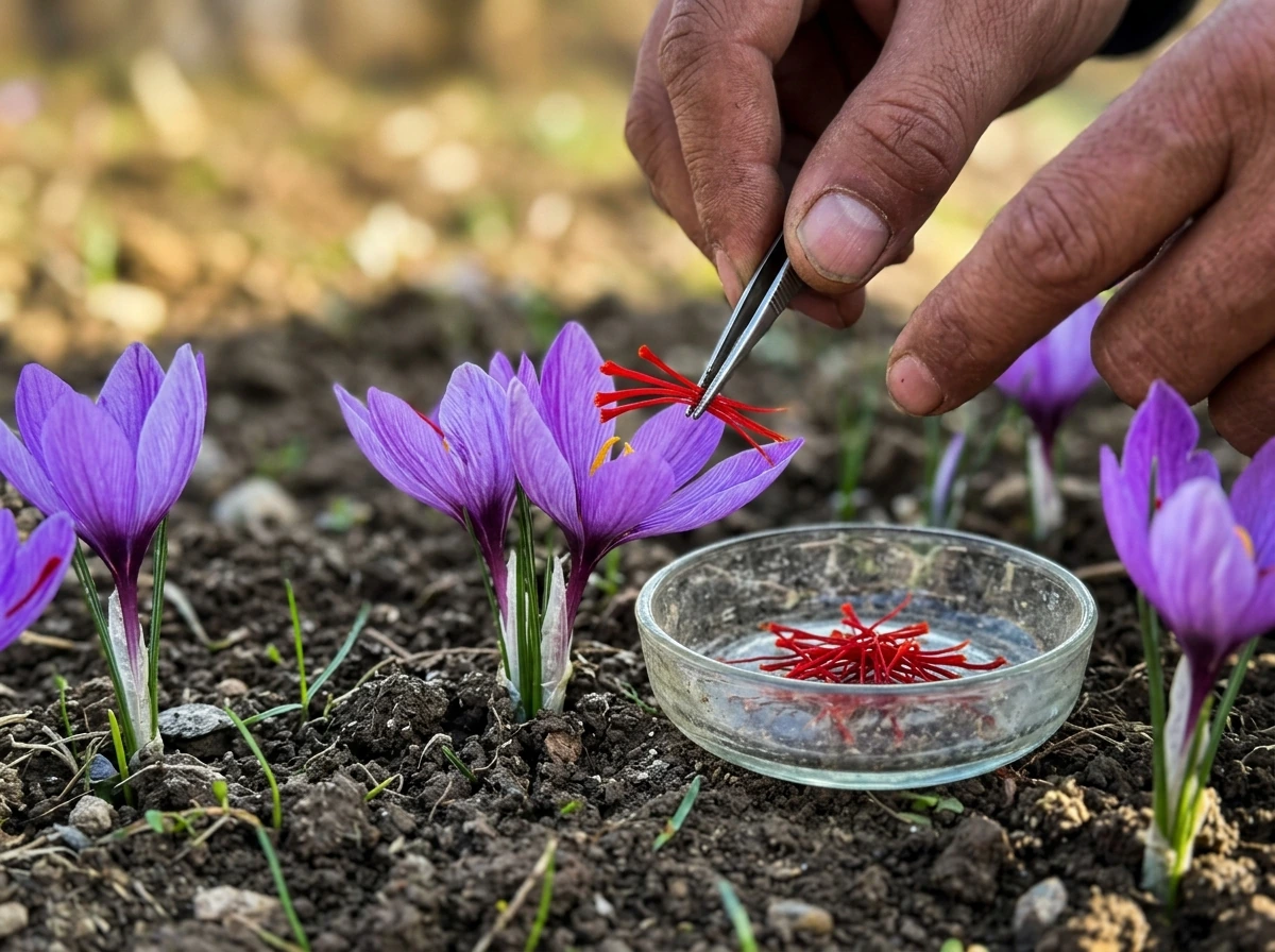 Close-up harvesting saffron stigmas from crocus blooms