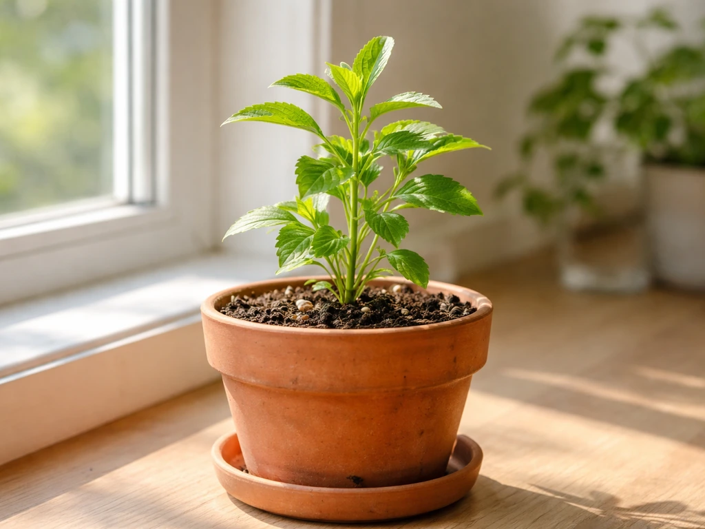 Stevia plant thriving in a sunny pot on a windowsill, showing home-growing at a glance.