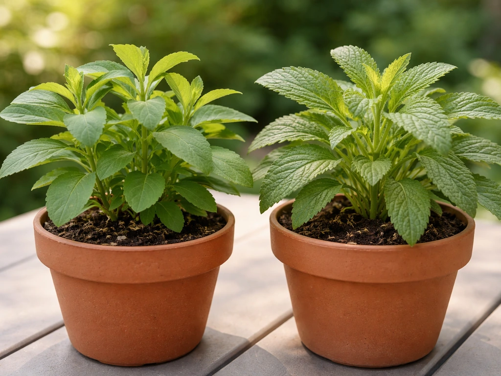 Close-up of stevia rebaudiana leaves beside an ornamental stevia-relative plant, showing leaf differences.