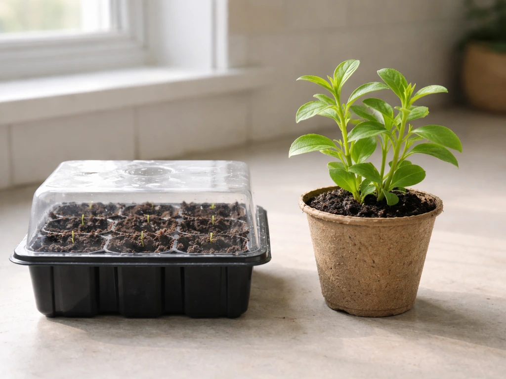 Side-by-side stevia seed tray with tiny sprouts and a healthy stevia starter plant ready for transplanting.