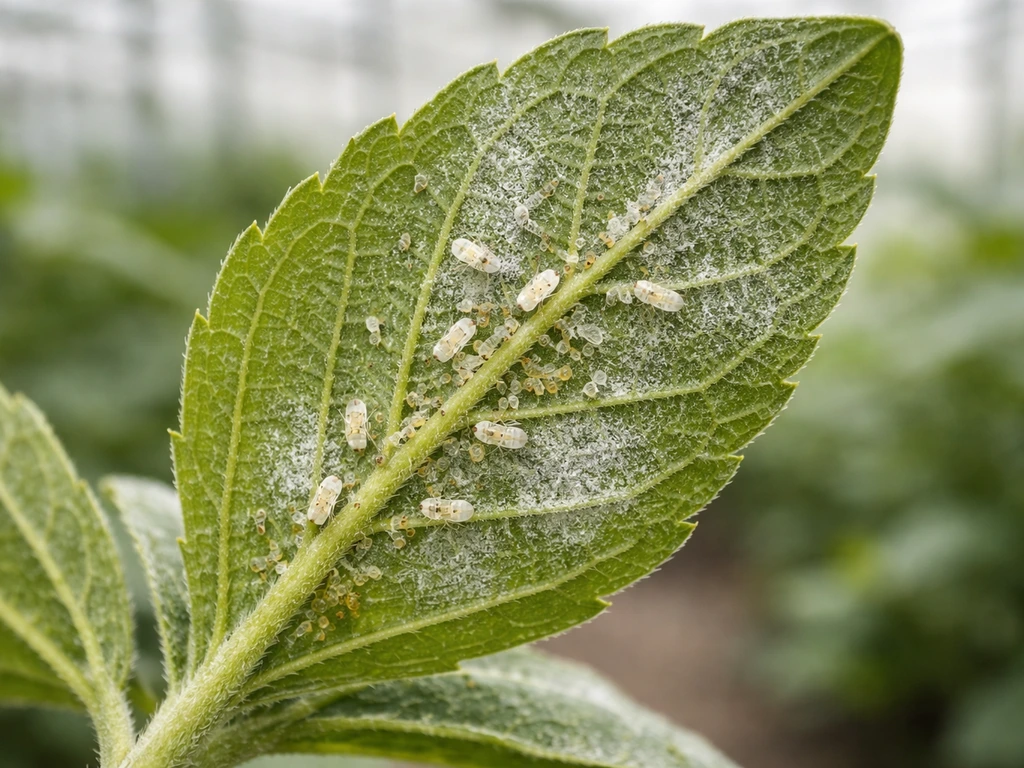Close-up stevia leaf showing whiteflies and powdery mildew-like patches on a simple garden surface.