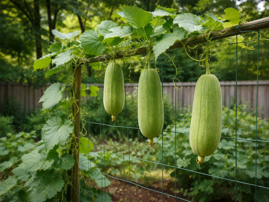 Ripe loofah gourd vine growing on a backyard trellis in Michigan-like garden under natural light.