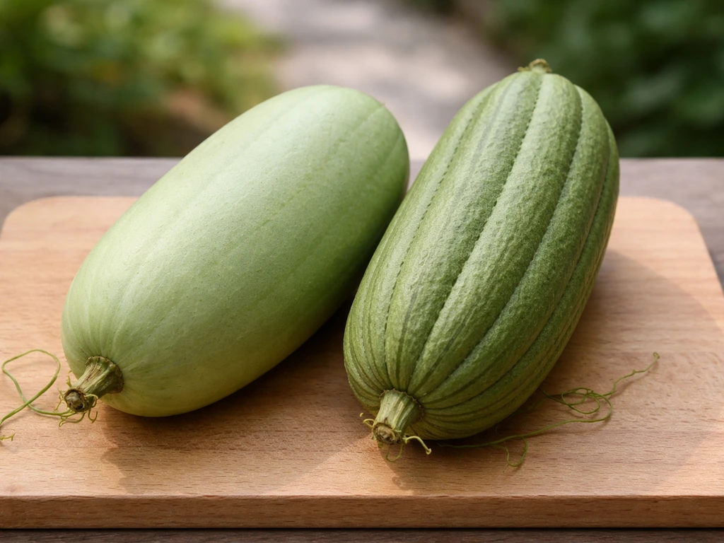 Two sponge gourds side-by-side showing smooth and ridged textures on a wooden board.