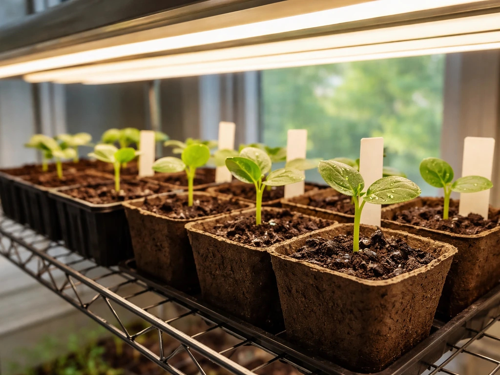 Young loofah seedlings in small pots under grow lights, ready for transplanting.