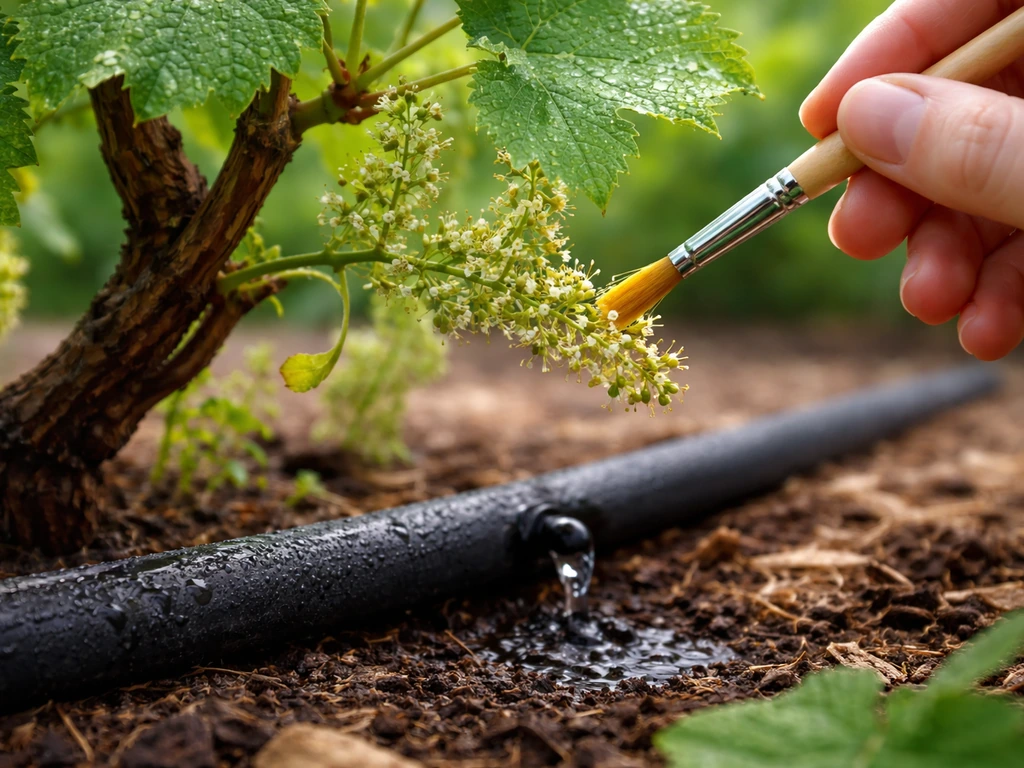 Close-up of grape vine watered by a drip emitter at the base, with a small brush handling blossoms for pollination.