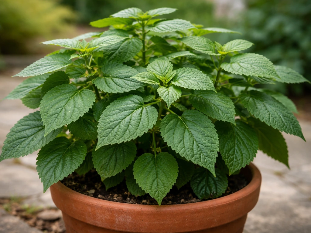 Healthy patchouli plant in a patio container with lush leaves and soft natural light