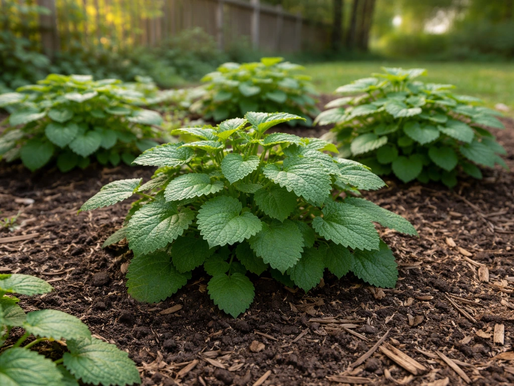 Lush patchouli plants in a partially shaded garden bed with healthy green foliage