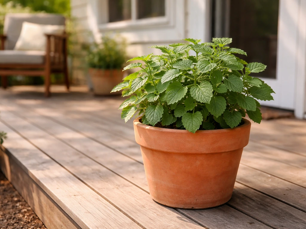 Patchouli plant in a terracotta pot staged on a sunny patio, ready to move for summer growing.