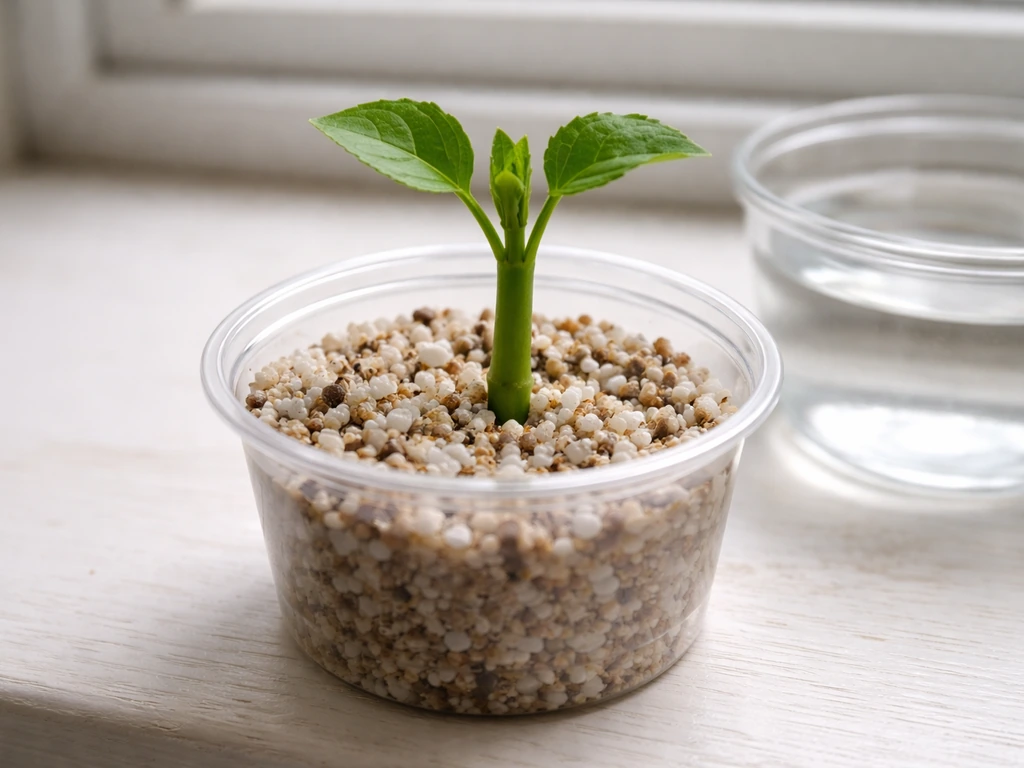 Patchouli stem cutting in moist rooting mix with clean water nearby on a windowsill.