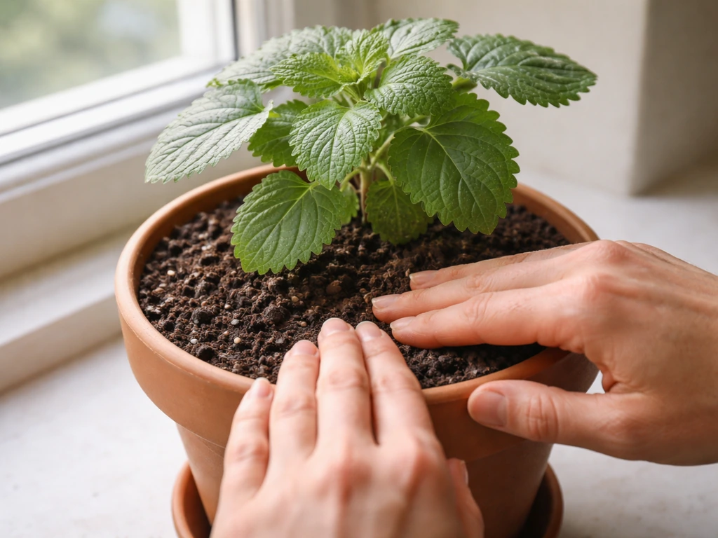 Hands gently check the top inch of soil in a small patchouli pot on a bright windowsill.