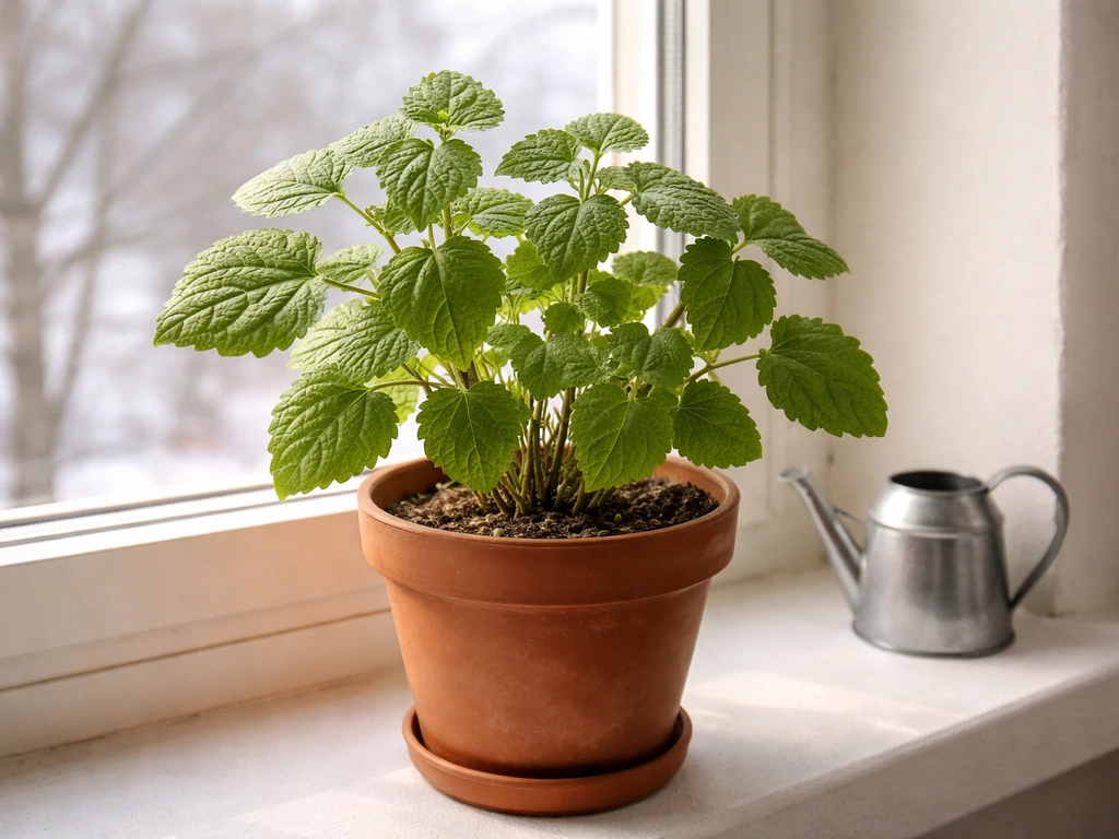 Patchouli plant in a bright window during winter, soil kept slightly dry with watering reduced.