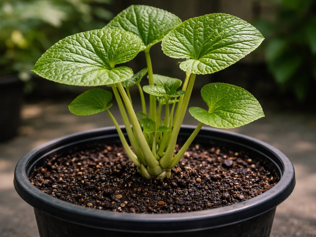 Close-up of a container-grown wasabi plant in moist, cool shade soil.