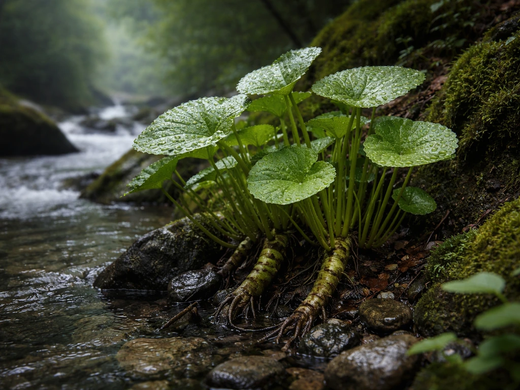 Wasabi plants growing on a cool, shaded stream bank with wet stones and moss.
