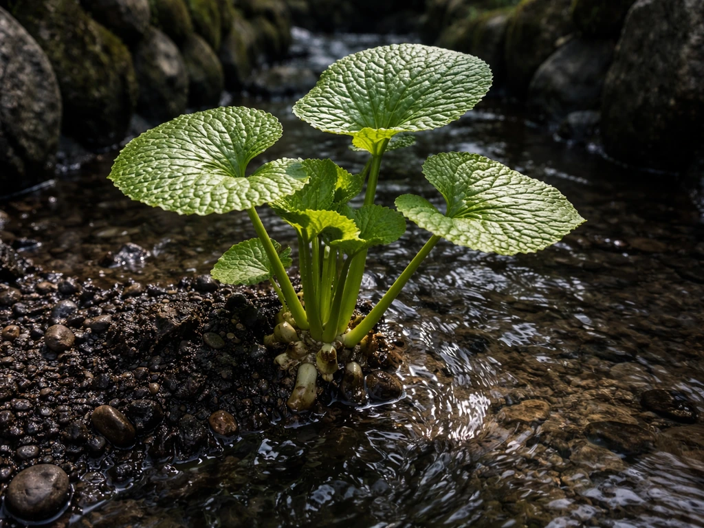 Close-up of wasabi growing in cool flowing water beside dappled light, showing moist soil and leaf texture.
