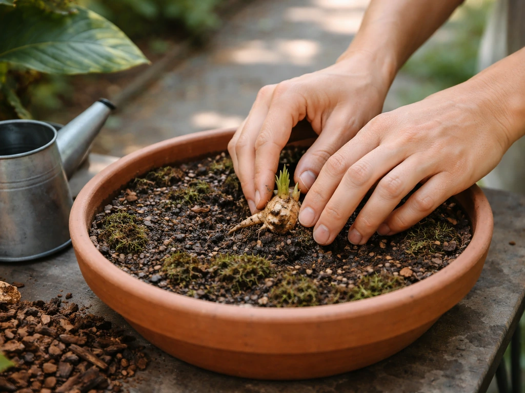 Hands placing rhizome into a shallow pot with moist, stream-like soil under dappled shade.