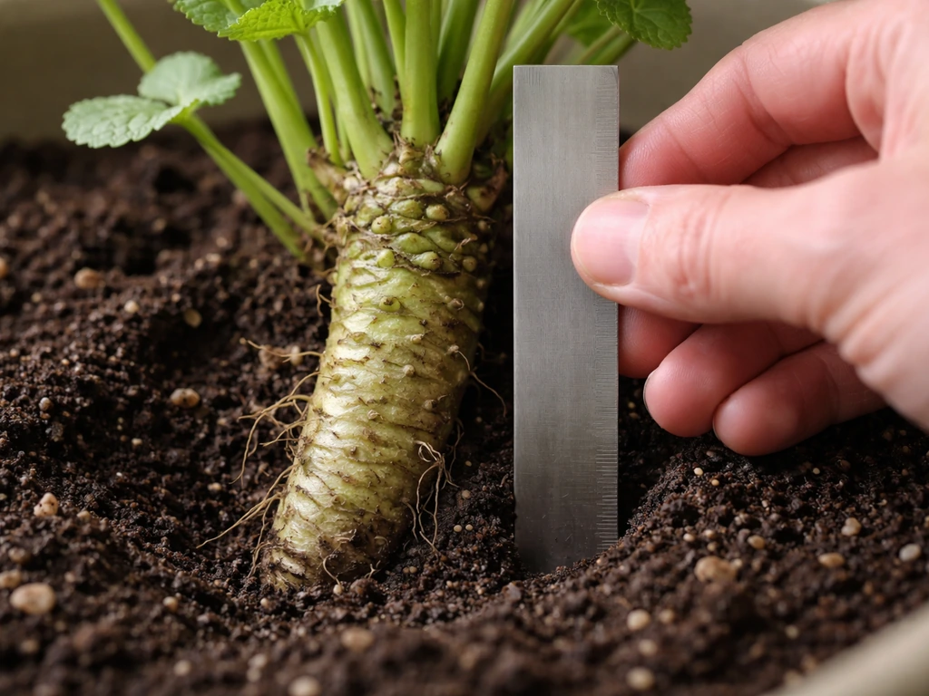 Wasabi rhizome growing in a simple soil bed, with a hand holding a small ruler for size reference
