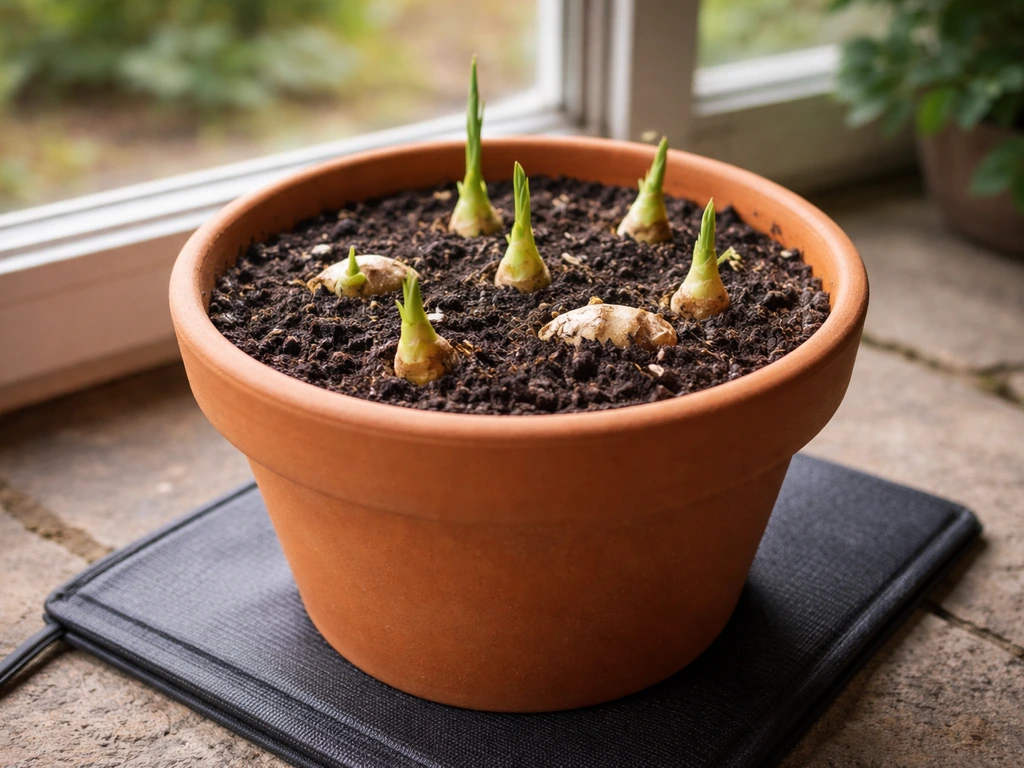Ginger rhizomes sprouting in a container on an Ohio home patio near warm light