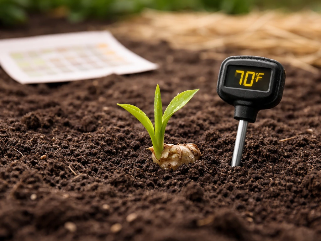 Close-up of a garden bed with a soil thermometer showing warm readings and a small ginger plant at the edge of growth