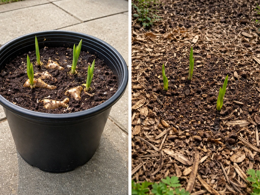 Two ginger setups side by side: potted ginger shoots and in-ground ginger in southern Ohio soil.