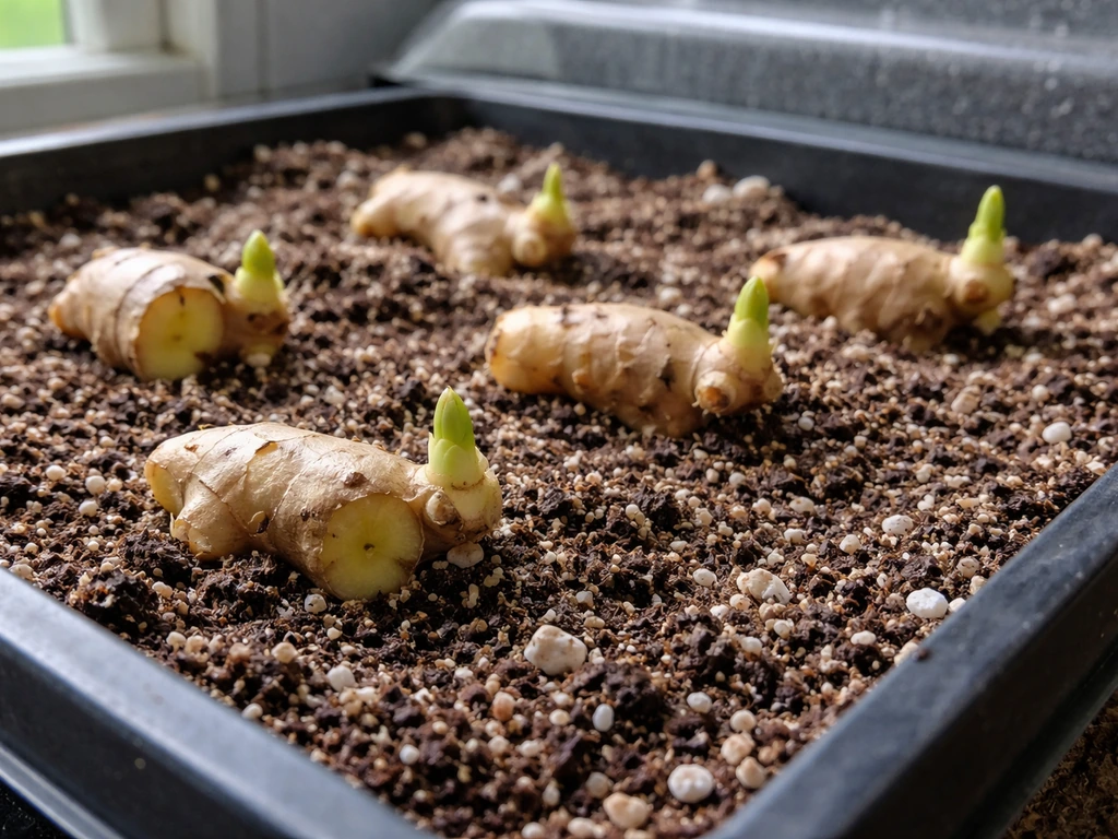 Close-up of cut ginger pieces in moist potting mix with tiny roots and early green sprouts emerging.