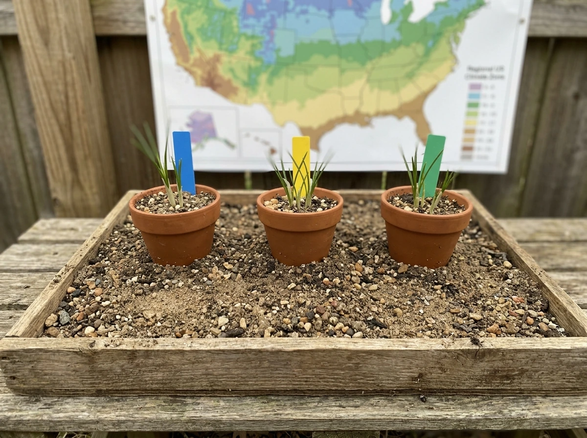 Map-like visual context of ideal US saffron regions using a tray of soil and labels